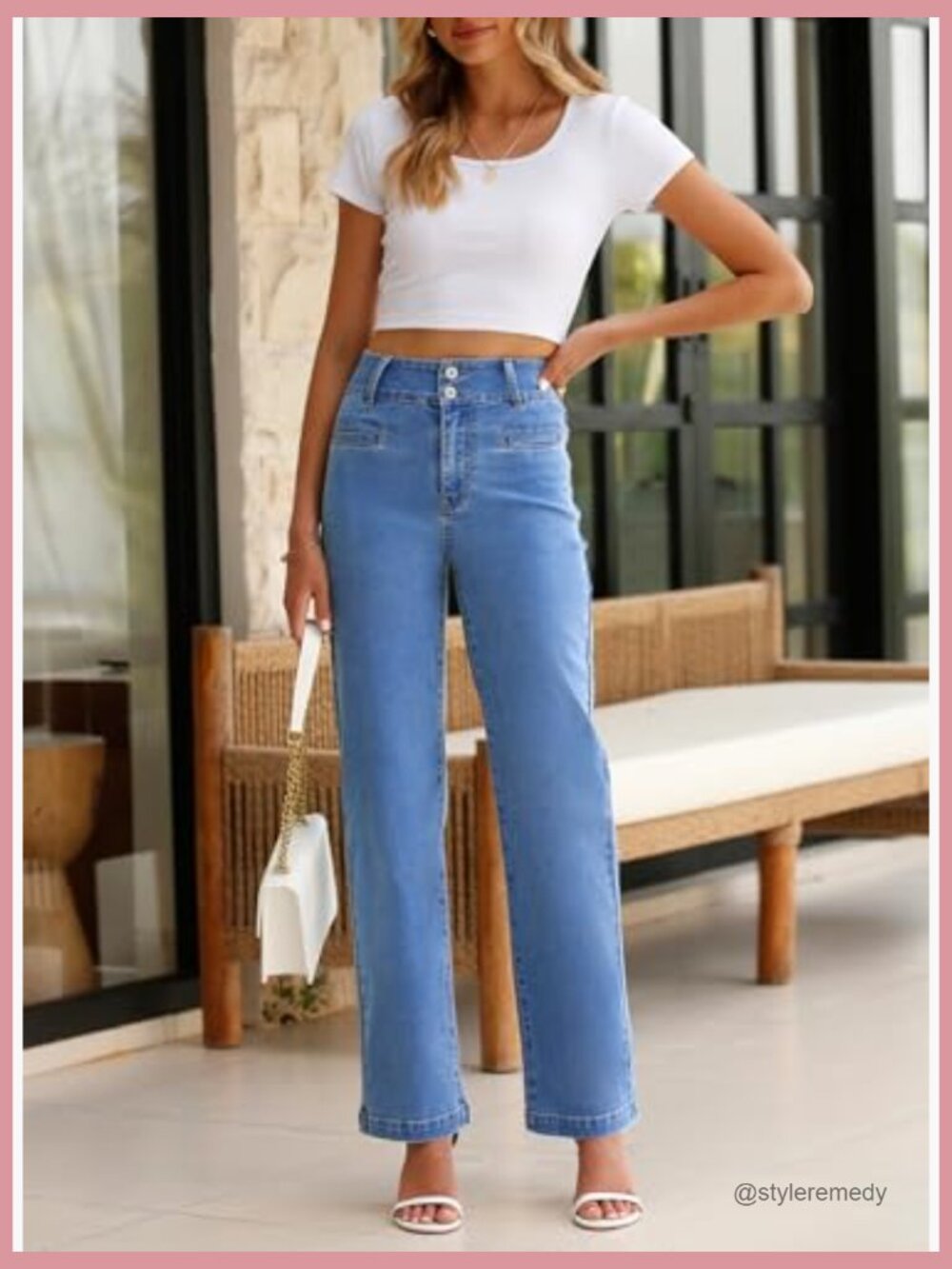High Waisted Straight Leg Stretchy Jeans Wide Leg Denim Pants with Pockets - Picture 5 of 7